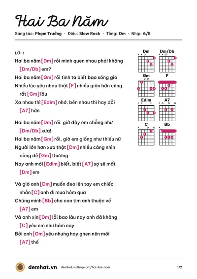 Hợp âm Hai Ba Năm (Phạm Trưởng) – bản nhạc PDF trang 1, tông Dm