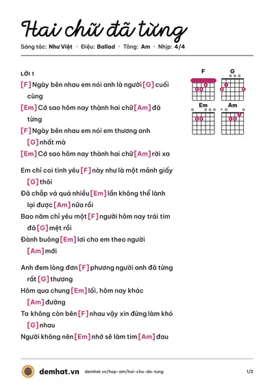 Hợp âm Hai chữ đã từng (Như Việt) – bản nhạc PDF trang 1, tông Am