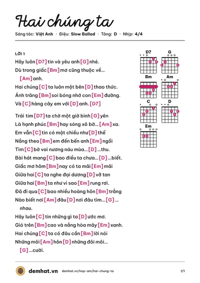Hợp âm Hai chúng ta (Thu Phương) – bản nhạc PDF trang 1, tông D