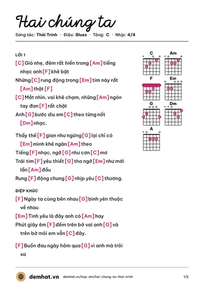 Hợp âm Hai chúng ta (Thái Trinh) – bản nhạc PDF trang 1, tông C
