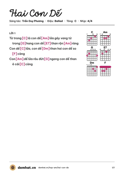 Hợp âm Hai Con Dế (Bé Hồng Ân) – bản nhạc PDF trang 1, tông C