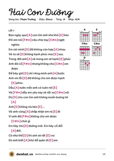 Hợp âm Hai Con Đường (Phạm Trưởng) – bản nhạc PDF trang 1, tông A