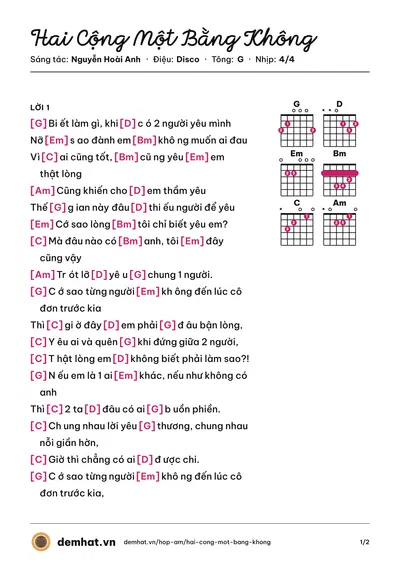 Hợp âm Hai Cộng Một Bằng Không (Nguyễn Phi Hùng) – bản nhạc PDF trang 1, tông G