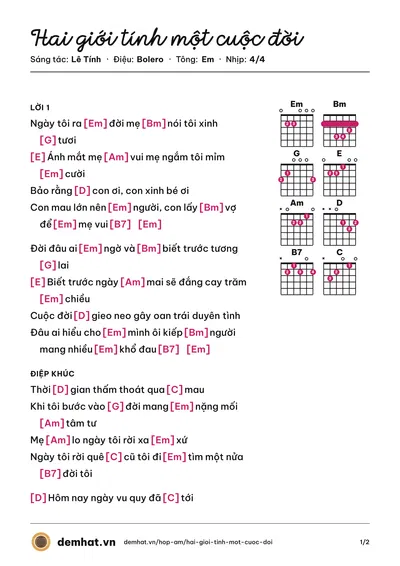 Hợp âm Hai giới tính một cuộc đời (Lê Tính) – bản nhạc PDF trang 1, tông Em