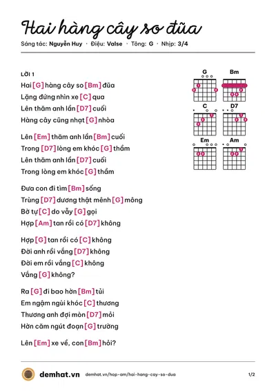 Hợp âm Hai hàng cây so đũa (Thanh Lan) – bản nhạc PDF trang 1, tông G