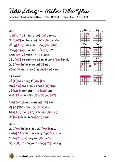 Hợp âm Hải Lăng - Miền Dấu Yêu (Xuân Huyền) – bản nhạc PDF trang 1, tông Am