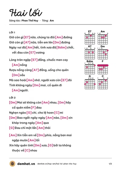 Hợp âm Hai lối (Xuân Phú) – bản nhạc PDF trang 1, tông Am