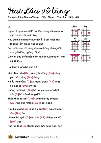 Hợp âm Hai Lúa về làng (Đông Phương Tường) – bản nhạc PDF trang 1, tông Dm