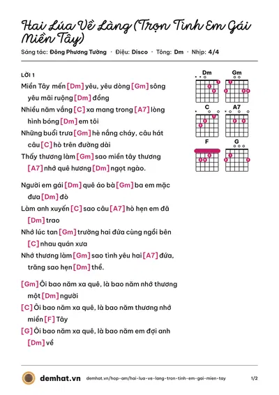 Hợp âm Hai Lúa Về Làng (Trọn Tình Em Gái Miền Tây) (HKT) – bản nhạc PDF trang 1, tông Dm