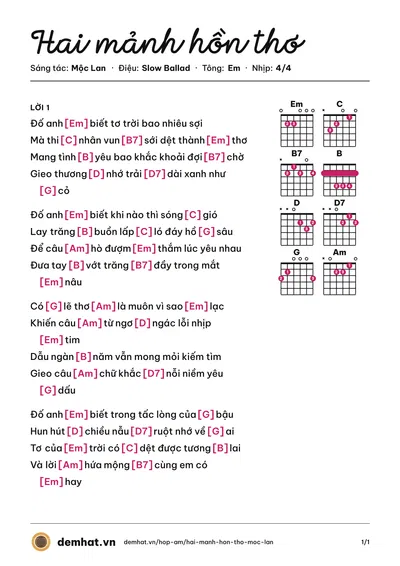 Hợp âm Hai mảnh hồn thơ (Thảo Hồ) – bản nhạc PDF trang 1, tông Em