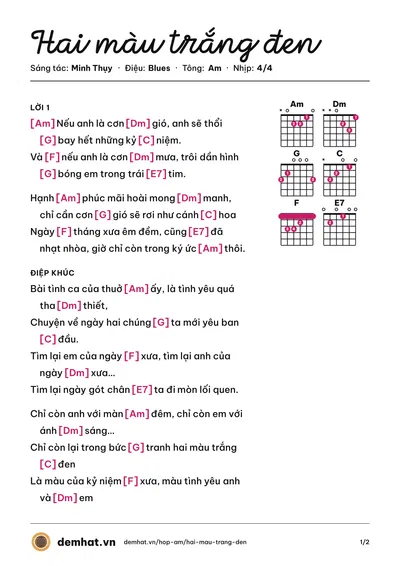 Hợp âm Hai màu trắng đen (Chí Thiện) – bản nhạc PDF trang 1, tông Am