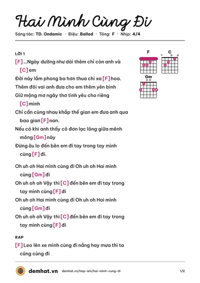 Hợp âm Hai Mình Cùng Đi (TD. Ondamic) – bản nhạc PDF trang 1, tông F
