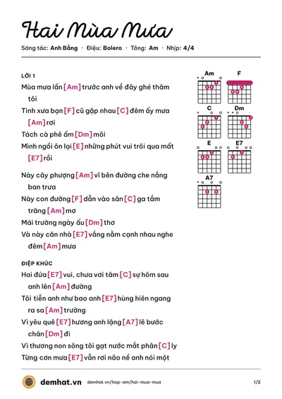 Hợp âm Hai Mùa Mưa (Trường Vũ) – bản nhạc PDF trang 1, tông Am