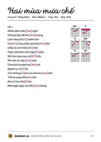Hợp âm Hai mùa mưa chế (Tùng Chùa) – bản nhạc PDF trang 1, tông Am