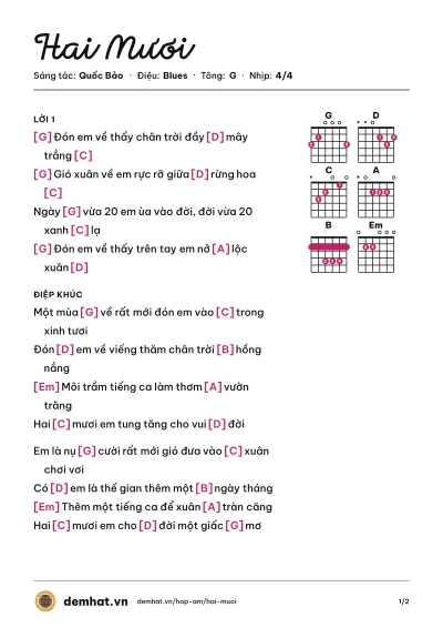 Hợp âm Hai Mươi (Mỹ Tâm) – bản nhạc PDF trang 1, tông G