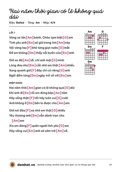 Hợp âm Hai năm thời gian có lẽ không quá dài (Đạt Bikay) – bản nhạc PDF trang 1, tông Am