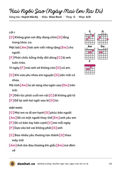 Hợp âm Hai Ngôi Sao (Ngày Mai Em Ra Đi) (Huỳnh Hữu Kỳ) – bản nhạc PDF trang 1, tông C