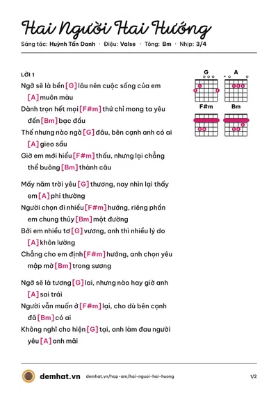 Hợp âm Hai Người Hai Hướng (Hana Cẩm Tiên) – bản nhạc PDF trang 1, tông Bm