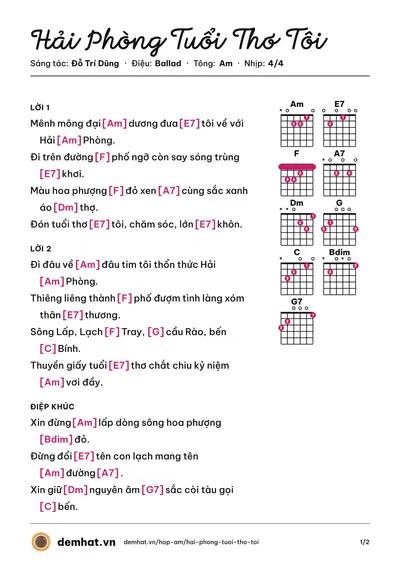 Hợp âm Hải Phòng Tuổi Thơ Tôi (Thanh Lisa) – bản nhạc PDF trang 1, tông Am