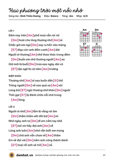 Hợp âm Hai phương trời một nỗi nhớ (Đinh Thiên Hương) – bản nhạc PDF trang 1, tông Am