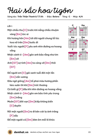 Hợp âm Hai sắc hoa tigôn (Tâm Đoan) – bản nhạc PDF trang 1, tông C