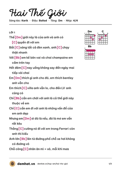 Hợp âm Hai Thế Giới (Karik) – bản nhạc PDF trang 1, tông Dm