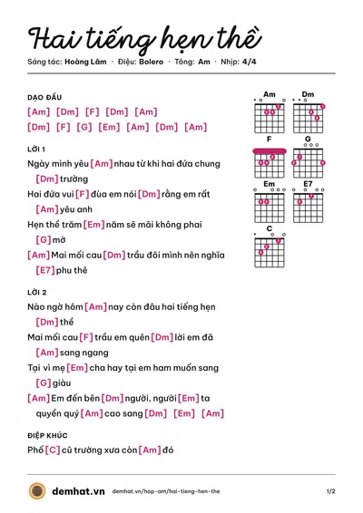 Hợp âm Hai tiếng hẹn thề (Hoàng Lâm) – bản nhạc PDF trang 1, tông Am