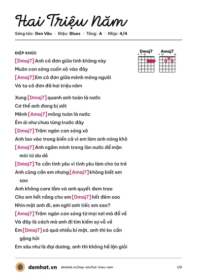 Hợp âm Hai Triệu Năm (Đen Vâu) – bản nhạc PDF trang 1, tông A