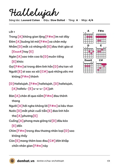 Hợp âm Hallelujah (Hồ Quỳnh Hương) – bản nhạc PDF trang 1, tông A
