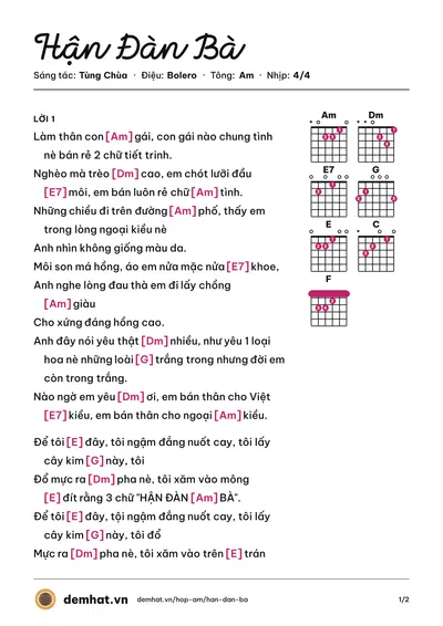 Hợp âm Hận Đàn Bà (Tùng Chùa) – bản nhạc PDF trang 1, tông Am