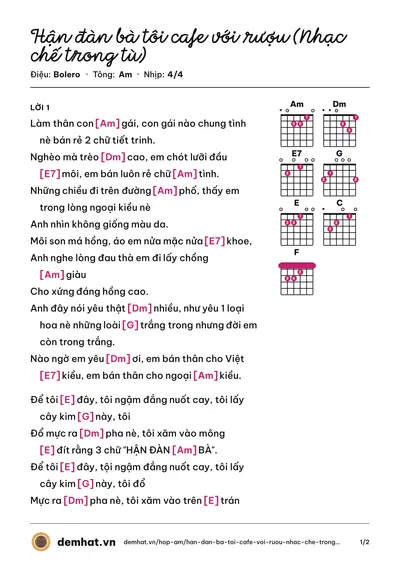 Hợp âm Hận đàn bà tôi cafe với rượu (Nhạc chế trong tù) (Tùng Chùa) – bản nhạc PDF trang 1, tông Am