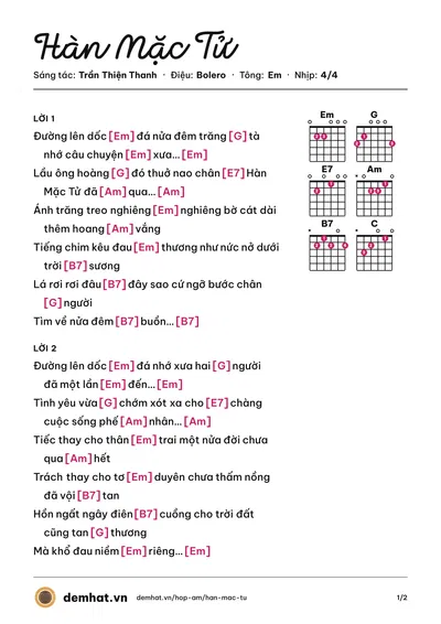 Hợp âm Hàn Mặc Tử (Lệ Quyên) – bản nhạc PDF trang 1, tông Em