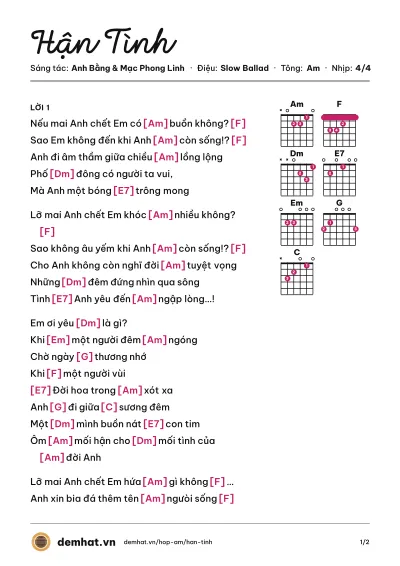 Hợp âm Hận Tình (Mạnh Quỳnh) – bản nhạc PDF trang 1, tông Am