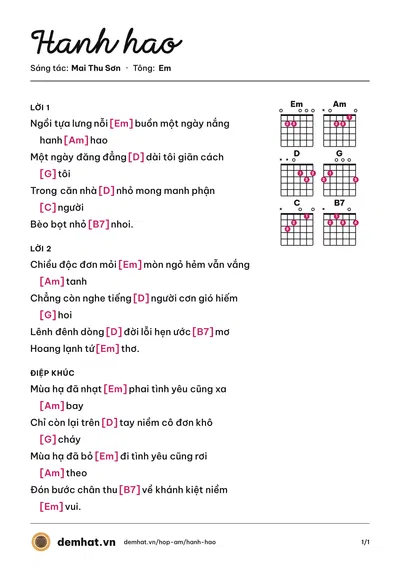 Hợp âm Hanh hao (Trần Ngọc Hòa) – bản nhạc PDF trang 1, tông Em