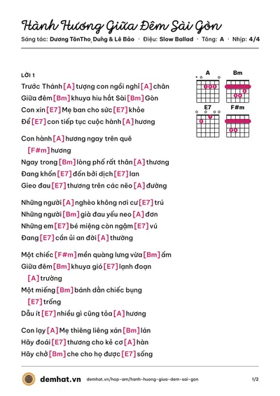 Hợp âm Hành Hương Giữa Đêm Sài Gòn (Nguyễn Lệ Hải) – bản nhạc PDF trang 1, tông A
