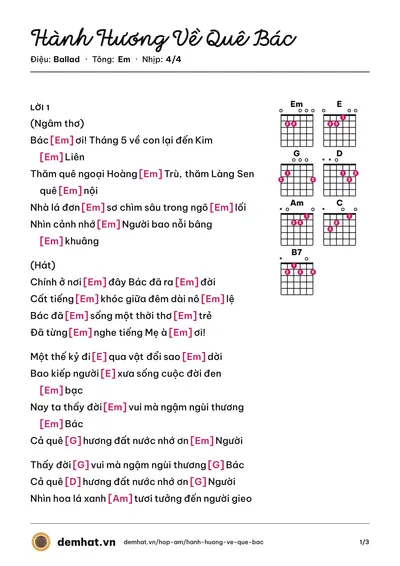 Hợp âm Hành Hương Về Quê Bác (NSƯT Minh Thành) – bản nhạc PDF trang 1, tông Em
