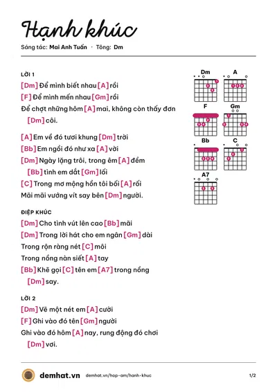 Hợp âm Hạnh khúc (Nam Phương) – bản nhạc PDF trang 1, tông Dm