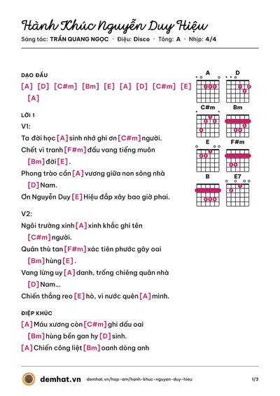 Hợp âm Hành Khúc Nguyễn Duy Hiệu (Tập Thể) – bản nhạc PDF trang 1, tông A
