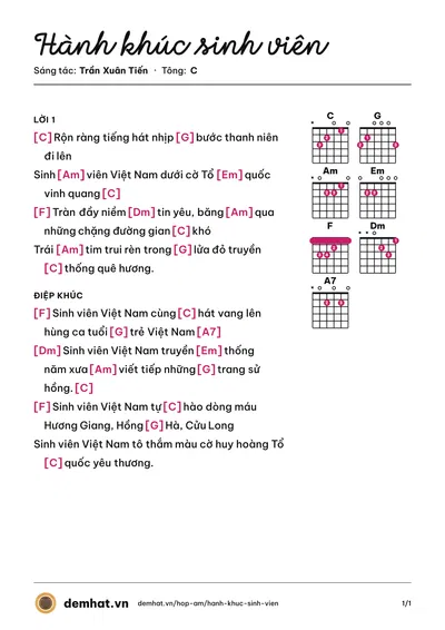 Hợp âm Hành khúc sinh viên (Trần Xuân Tiến) – bản nhạc PDF trang 1, tông C