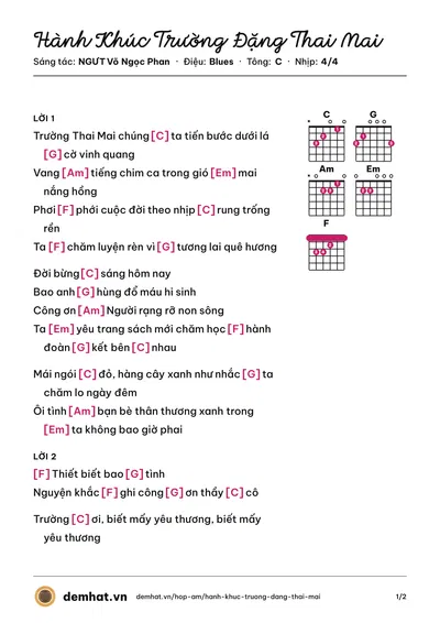 Hợp âm Hành Khúc Trường Đặng Thai Mai (Quân Keyboard) – bản nhạc PDF trang 1, tông C