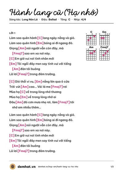 Hợp âm Hành lang cũ (Hạ nhớ) (Huy Vạc) – bản nhạc PDF trang 1, tông C