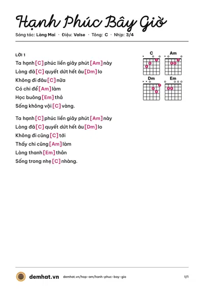 Hợp âm Hạnh Phúc Bây Giờ (Antôn Đình Dũng) – bản nhạc PDF trang 1, tông C