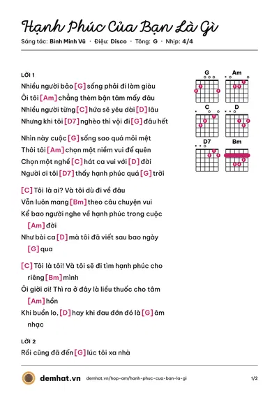 Hợp âm Hạnh Phúc Của Bạn Là Gì (Bình Minh Vũ) – bản nhạc PDF trang 1, tông G