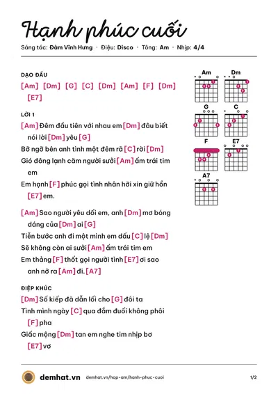 Hợp âm Hạnh phúc cuối (Đàm Vĩnh Hưng) – bản nhạc PDF trang 1, tông Am