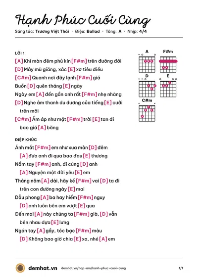 Hợp âm Hạnh Phúc Cuối Cùng (Trương Việt Thái) – bản nhạc PDF trang 1, tông A