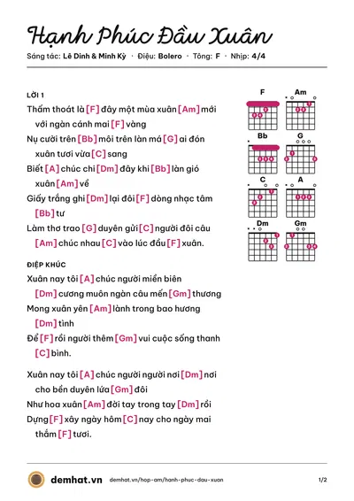 Hợp âm Hạnh Phúc Đầu Xuân (Hoàng Oanh) – bản nhạc PDF trang 1, tông F