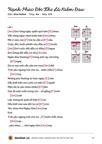 Hợp âm Hạnh Phúc Đôi Khi Là Niềm Đau (Hoàng Hải Đăng) – bản nhạc PDF trang 1, tông Am