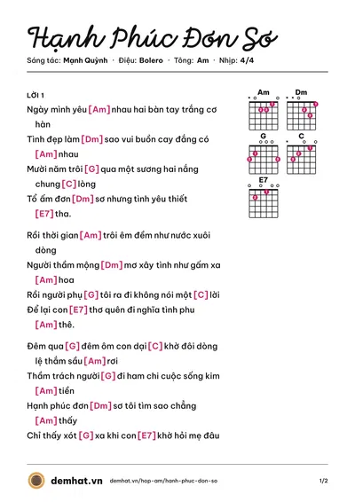 Hợp âm Hạnh Phúc Đơn Sơ (Trường Vũ) – bản nhạc PDF trang 1, tông Am