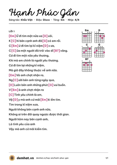 Hợp âm Hạnh Phúc Gần (Dương Hiếu Nghĩa) – bản nhạc PDF trang 1, tông Em