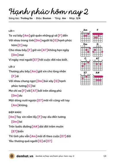 Hợp âm Hạnh phúc hôm nay 2 (Quốc Duy) – bản nhạc PDF trang 1, tông Am